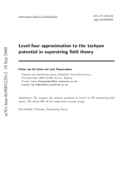 (PDF) Level Four Approximation to the Tachyon Potential in Superstring ...