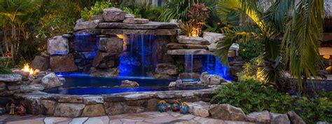 Custom Rock Waterfall Pool Grotto, Spa, Natural Stream, Tiki Hut