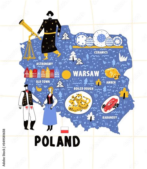 Poland map flat hand drawn vector illustration flag. Names lettering ...