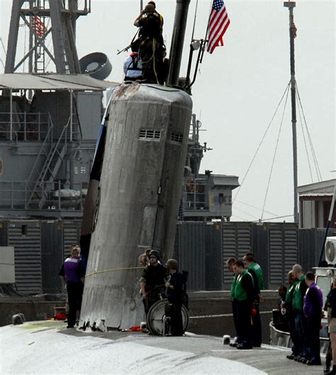 USS Hartford (SSN-768) after a collision with the San Antonio-class amphibious transport dock ...