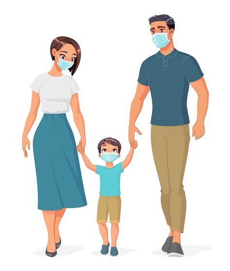 Happy family in medical masks holding hands and walking cartoon vector ...