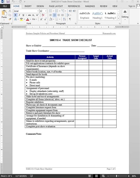 Trade Show Checklist Template Word