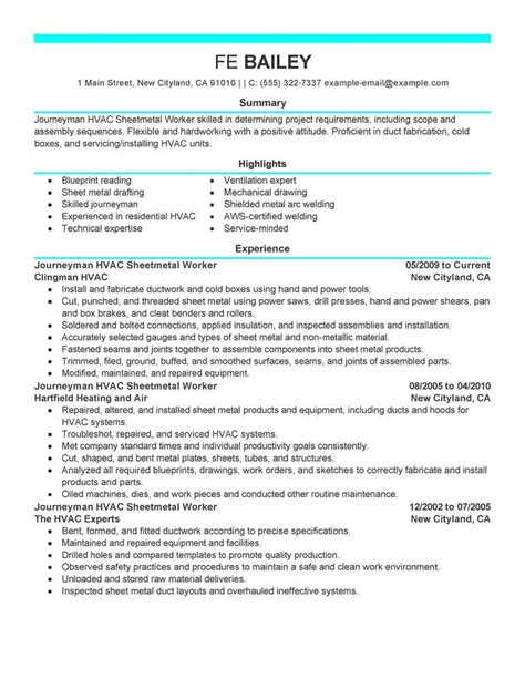 Professional HVAC Sheet Metal Journeyman Resume Examples