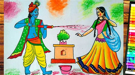 Holi drawing radha krishna||how to draw holi with pastel color - YouTube