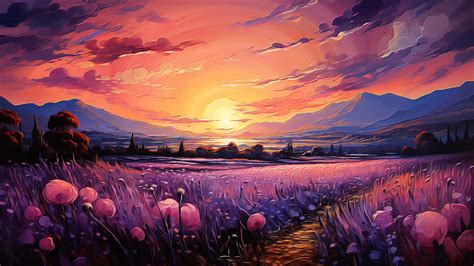 Beautiful Nature Flower Field Sunset Illustration - Heroscreen 4K Background Wallpapers for PC ...