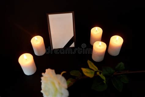 Photo Frame with Black Ribbon, Flower and Candles Stock Image - Image of obituary, alight: 99946129