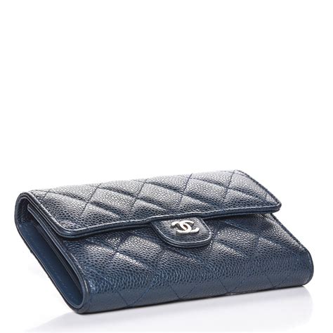 CHANEL Metallic Caviar Quilted Small Flap Wallet Dark Blue 281114