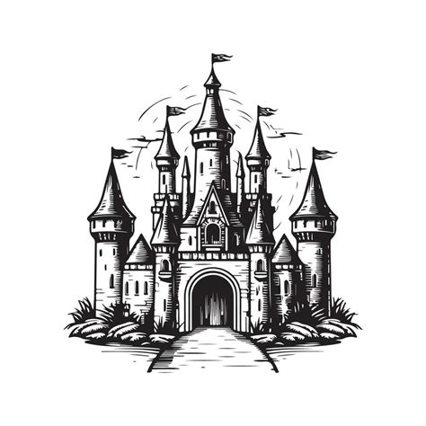 medieval castle, vintage logo line art concept black and white color ...