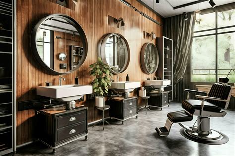 Modern barbershop interior with mirrors chair and other equipment near windows. Chairs in ...