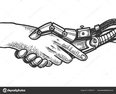 Mechanical human robot handshake engraving vector illustration. Scratch board style imitation ...