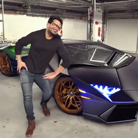 Tai Lopez in a garage, pointing to a huge Lamborghini | Stable Diffusion | OpenArt