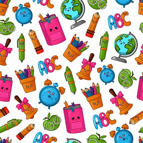 Seamless Pattern With Kawaii School Supplies Background, Character, Semester, Colorful ...