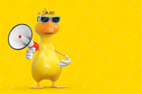 Premium Photo | Cute yellow cartoon duck person character mascot with red retro megaphone on a ...