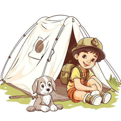 Little Boy Scout And His Pup Resting In Their Camping Tent, Travel Backpack, Camping Tent ...