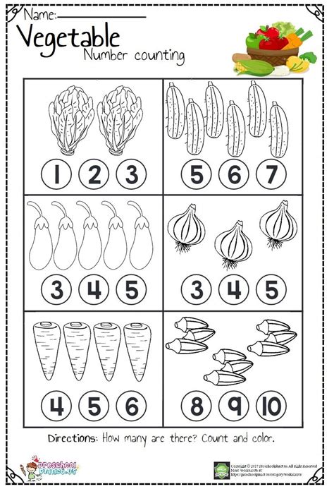 Vegetable Number Count Worksheet | Kindergarten worksheets, Preschool ...