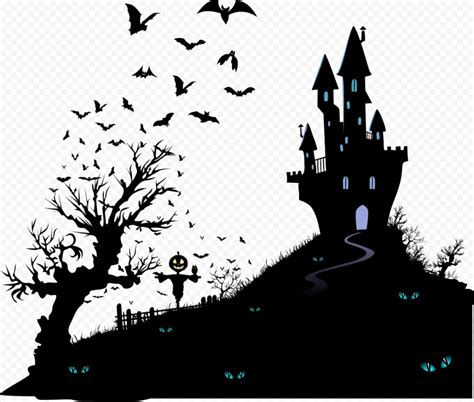 HD Halloween Silhouette Of Spooky Castle With Bats Tree PNG | Citypng