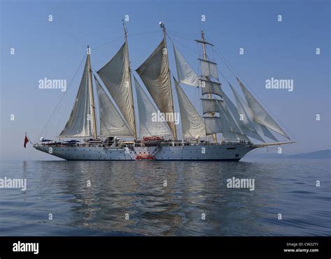 Square-rigged barquentine sailing ship "Star Clipper" off Mount Athos ...