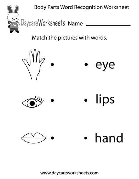 Free Body Parts Word Recognition Worksheet for Preschool