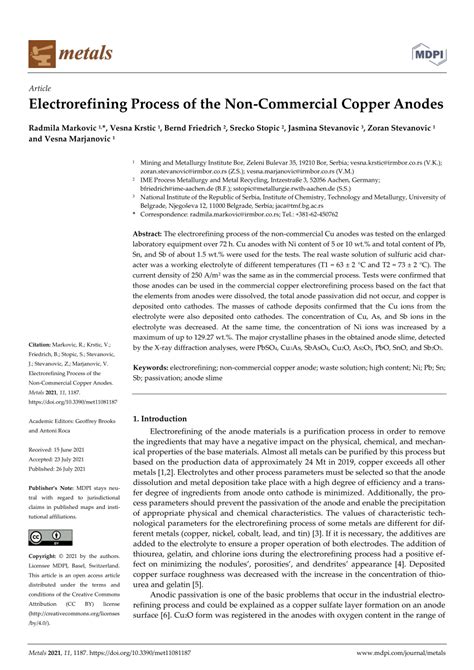 (PDF) Electrorefining Process of the Non-Commercial Copper Anodes