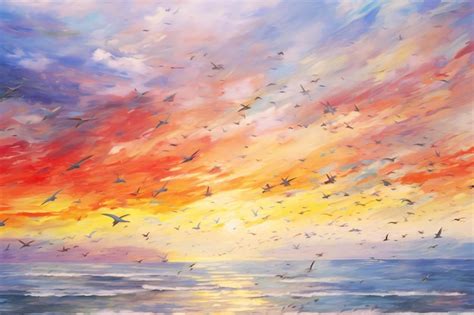 Premium AI Image | Sunset over the sea with seagulls digital painting