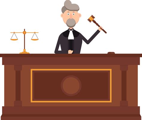 Judge character in courtroom with gavel in his left hand vector ...