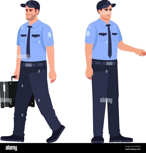 Police officer semi flat RGB color vector illustration set. Security guard carry briefcase with ...