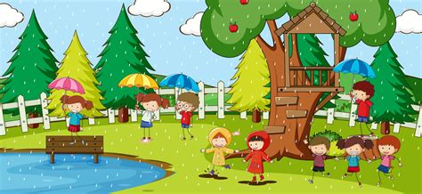 Park scene with many kids doodle cartoon character 2593963 Vector Art ...