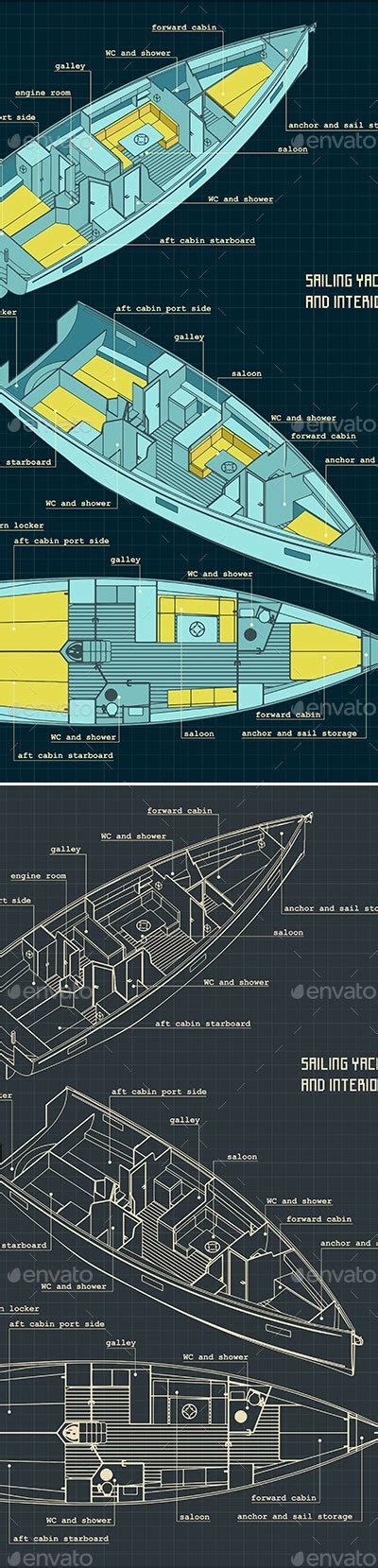 Sailing Yacht Design and Interior Layout Blueprints, Vectors | GraphicRiver