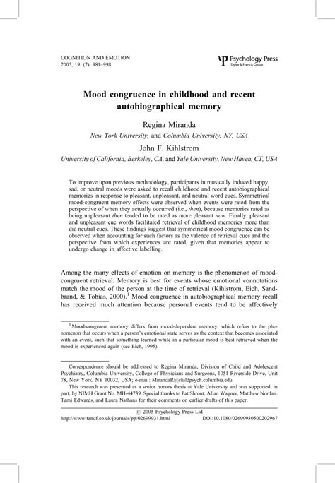 (PDF) Mood congruence in childhood and recent autobiographical memory