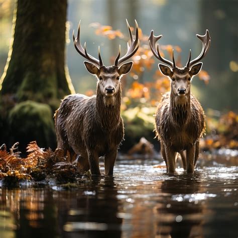 Premium AI Image | two deer standing in a stream one of which is standing in the water