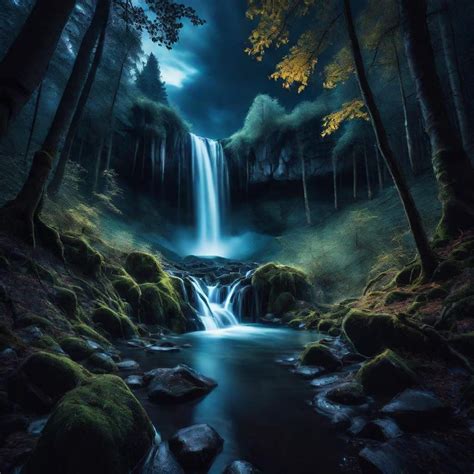 Enchanted Nightfall: Mystical Forest Waterfall - LimeWire