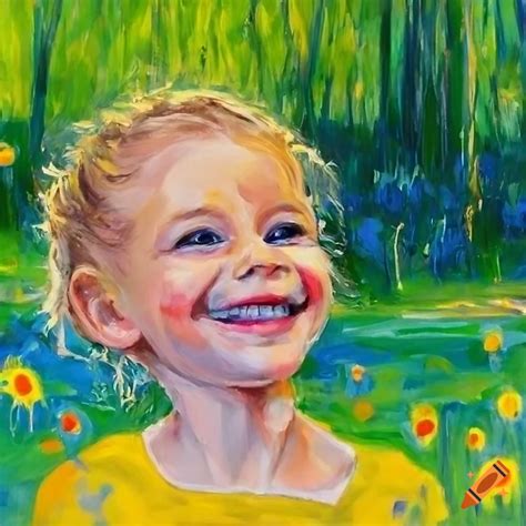 Meadow. child smiling. face close-up. oil painting. very detailed drawing. maximum concentration ...