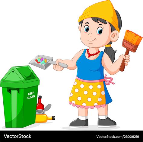 Cleaning garbage and holding brush to garbage bin Vector Image