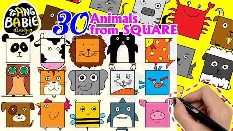 How to draw 30 Animals from Square Shape | Draw Animals Easy - YouTube