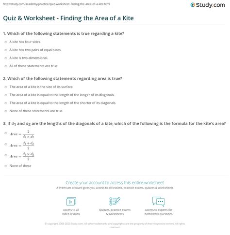 Quiz & Worksheet - Finding the Area of a Kite | Study.com