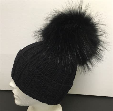 Ribbed Black Wool Beanie Hat - Black Raccoon Fur Pom Pom 98