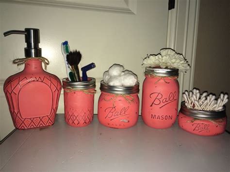 coral Mason jar bathroom set with crown royal soap dispenser https://www.facebook.com ...