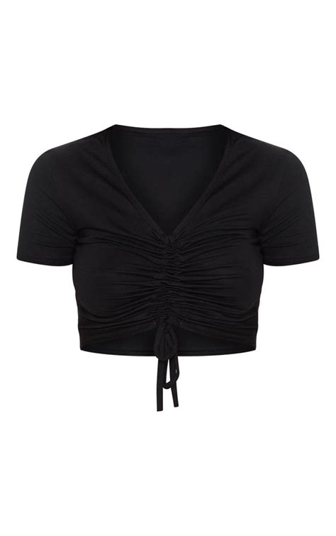 Black Jersey Ruched Front Crop T Shirt | PrettyLittleThing USA