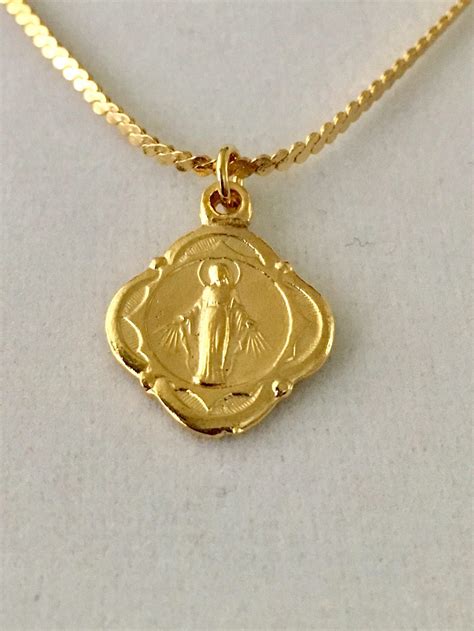 Vintage Miraculous Medal necklace small gold overlay | Etsy