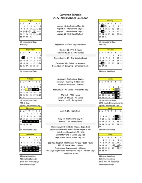 School Calendar | Cameron Public Schools