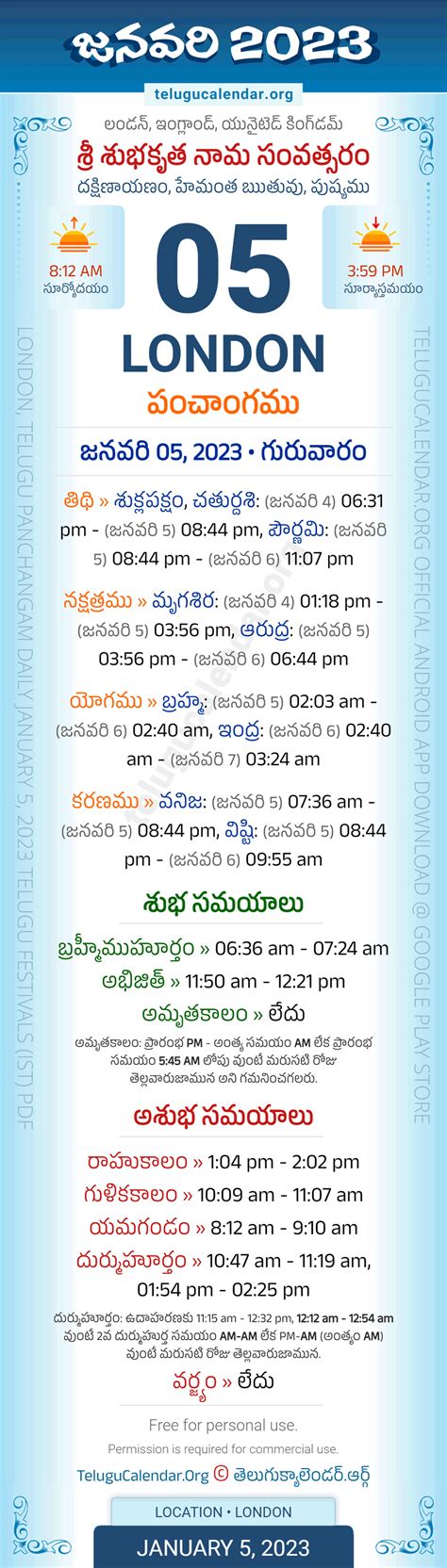 London » January 5, 2023 Telugu Panchangam