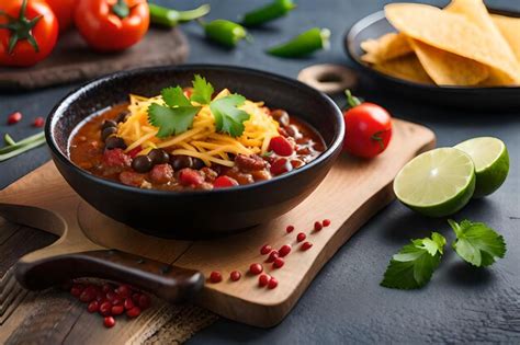 Premium AI Image | a bowl of chili with beans and avocado