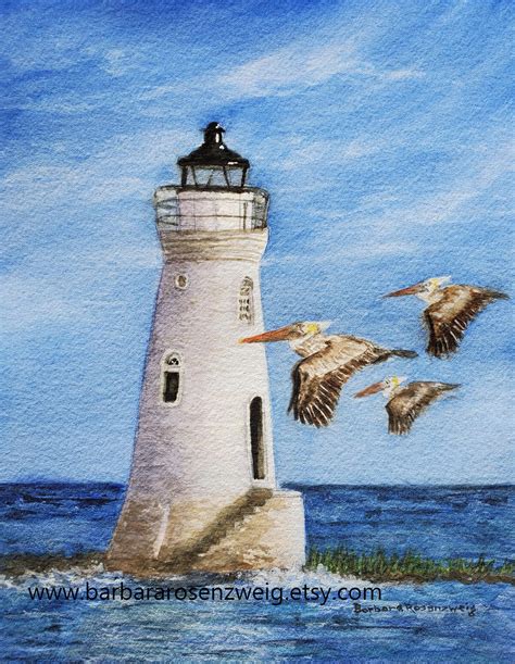 Lighthouse Watercolor Painting Art Print Pelican Art - Etsy