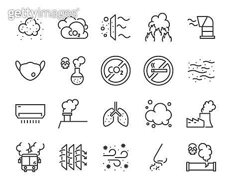 set of air pollution icons, such as dust, carbon, toxic, air filter 이미지 (1141131116) - 게티이미지뱅크