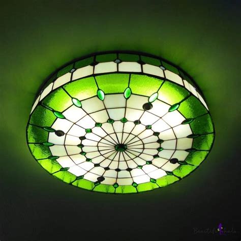 Drum Shade Green Stained Glass Tiffany Flush Mount Ceiling Light in Circular Grid Design ...