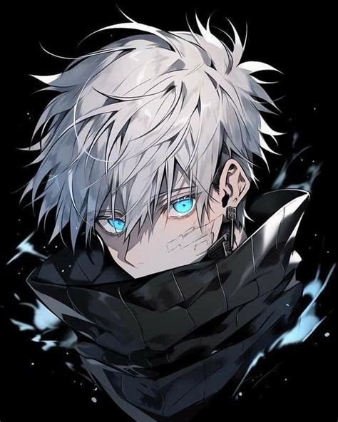 an anime character with white hair and blue eyes wearing a black coat, in the dark