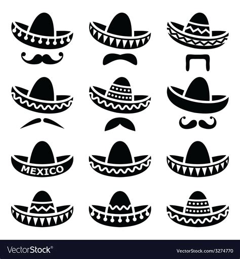 Mexican sombrero hat with moustache icons Vector Image