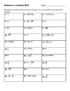 Rational vs. Irrational Numbers Quiz by Anything Algebra | TpT