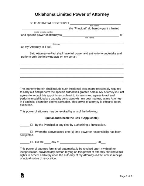 Free Oklahoma Limited Power of Attorney Form - PDF | Word – eForms