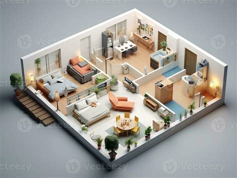 AI generated 3D floor plan of an open concept living apartment layout ...